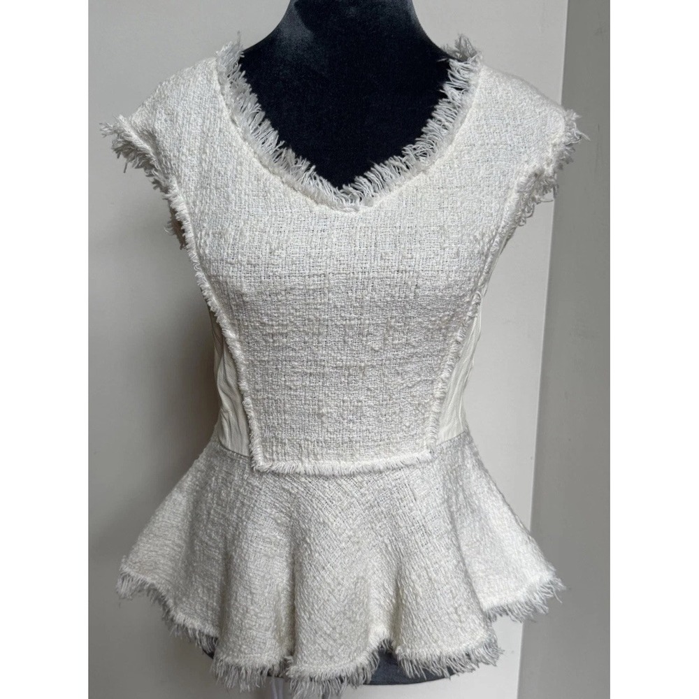 Rebecca Taylor Blouse 4 Tweed Leather‎ Peplum Coquette Old Money Luxury $350 - Picture 12 of 16